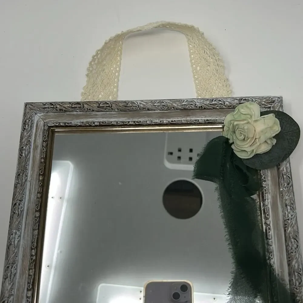Hand Painted & Distressed Mirror Paper Rose & Green Chiffon Bow